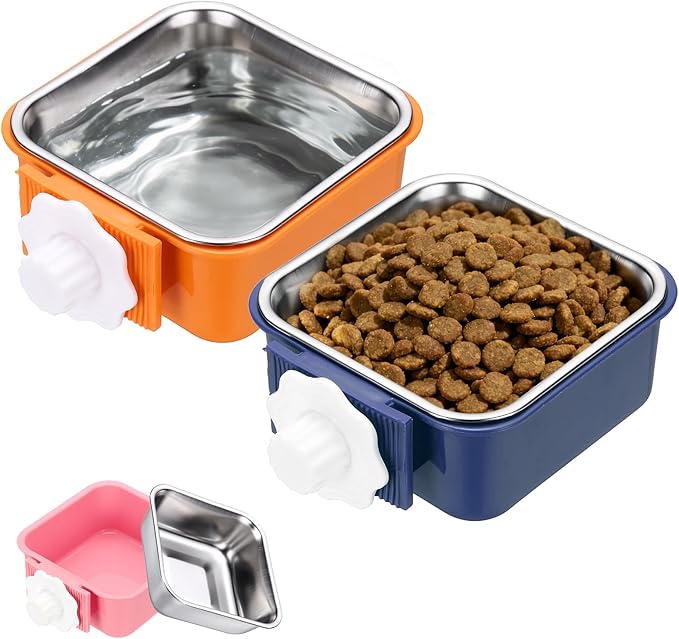 Crate Dog Bowl, Removable Stainless Steel Pet Cage Hanging Anti-Overturn Food Water Feeder Cage Cup (2Pcs, Square, Dark Blue/Orange, 11.1oz), Intended for Puppies/Cat/Rabbit/Bird