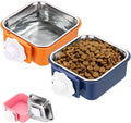 Crate Dog Bowl, Removable Stainless Steel Pet Cage Hanging Anti-Overturn Food Water Feeder Cage Cup (2Pcs, Square, Dark Blue/Orange, 11.1oz), Intended for Puppies/Cat/Rabbit/Bird