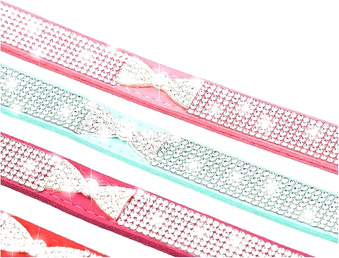 Cute Dazzling Sparkling Elegant Fancy Soft Suede Leather Bling Rhinestone Crystal Jeweled Pet Cat Dog Puppy Collar Dog Leash Combo Set (S(Neck 10-12.5"), Hot Pink-3)