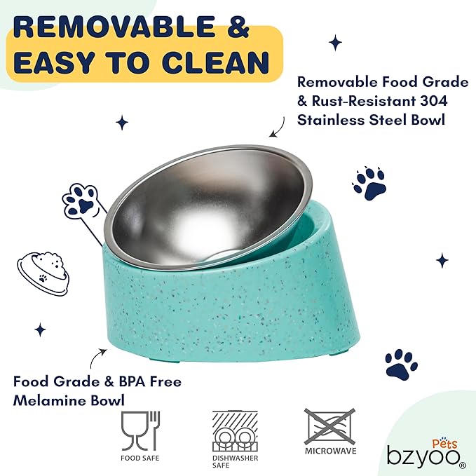 bzyoo 16oz Tilted Dog Bowl for Small Dogs & Cats, 15° Elevated Stainless Steel Pet Feeder, Ergonomic Anti-Vomiting Food Bowl for Frenchie, Pug, Persian Cat, Non-Skid Melamine Stand, Sprinkle (Green)