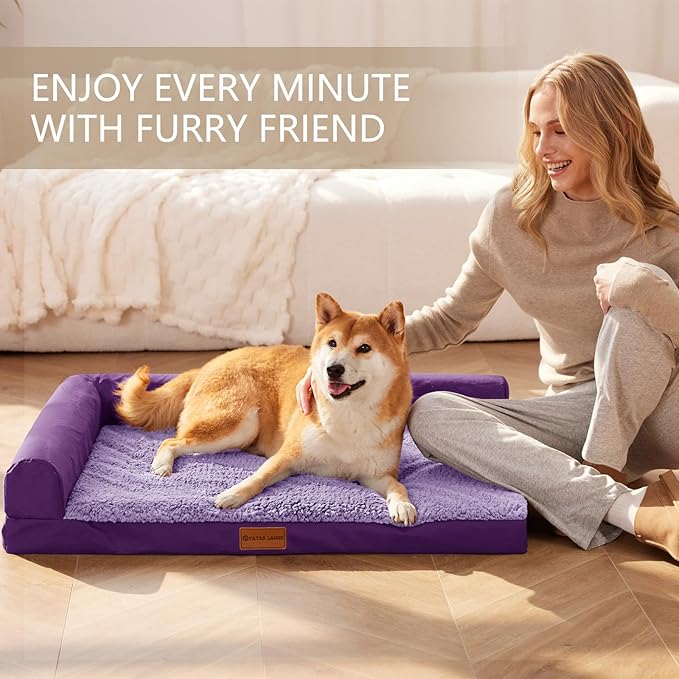 Patas Lague Orthopedic XL Dog Bed Large Sized Dog 48''X30'', Waterproof L Bolster Big Pet Sofa Beds with Removable Washable Cover, Soft Comfortable Pet Couch Crate Mat with Nonskid Bottom, Purple