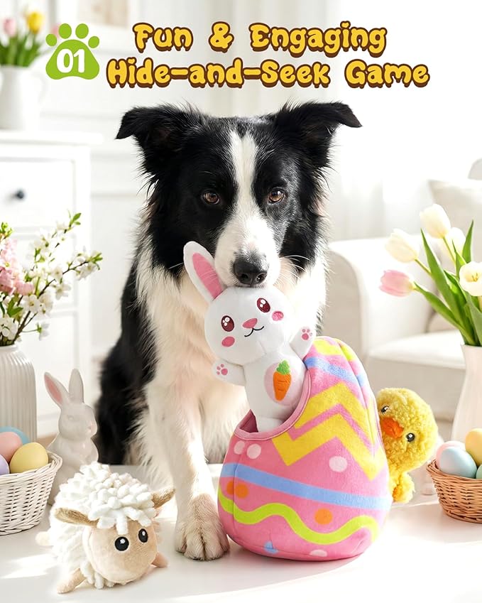 Swooflia 4 Pack Easter Puzzle Dog Toys for Small Dogs - Enrichment Plush Squeaky Bunny Chick Lamb and Crinkle Easter Egg Interactive Puppy Toy for Hide and Seek (Not for Big & Aggressive Chewer)