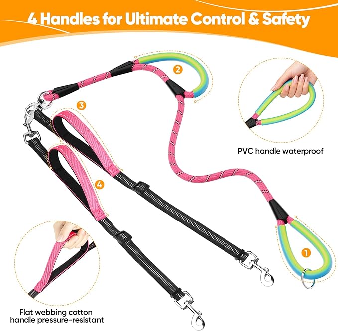 XiaZ Double Dog Leash for Two Dogs, Heavy Duty Dual Dog Leash No Tangle, Adjustable Split Multiple Leash for Walking 2 Dogs, Highly Reflective Puppy Lead for Large Medium Dogs, 1/2”Pink