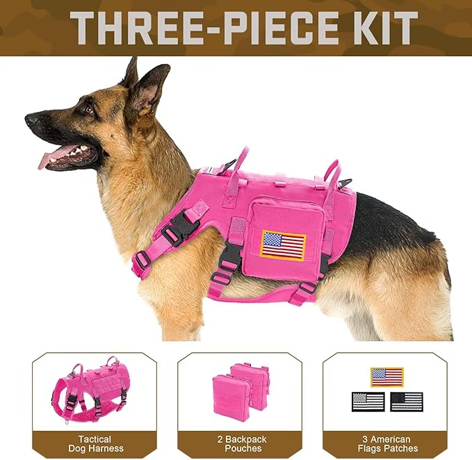 Forestpaw Dog Harness for Large Dogs,Tactical Dog Harness with Handle,No Pull Military Service Dog Vest with Pockets Adjustable for Walking Training,Hot Pink,Chest 21.5-45"