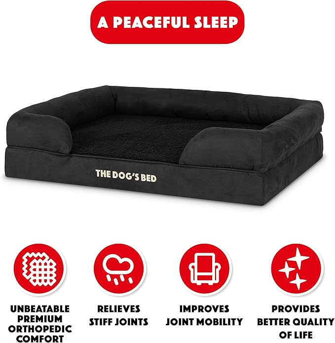 The Dog’s Bed Orthopedic Memory Foam Dog Bed with Bolsters, Plush Fabric, Black Plush, Large