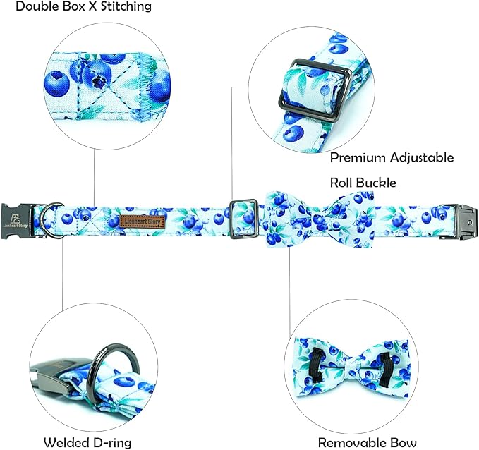 Lionheart glory Dog Bow Collar Blueberries Print Collars for Small Dogs, Spring Summer Cute Duty Adjustable Dog Collar with Bowtie Pet Collars Bows Pet Gift