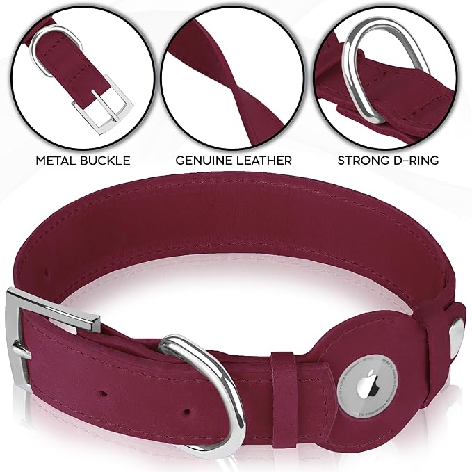 Leather Dog Collar with Airtag Holder - Apple Air Tag Dog Collars - Soft Tracking GPS Pet Collar for Small Medium Large Dogs Breed Puppy (Burgundy, S, 9"-12" Neck Fit)