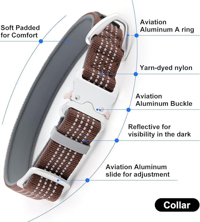 Plutus Pet Reflective Dog Collar with Aviation Aluminum Buckle, Neoprene Padded for Comfort, Lightweight, Heavy Duty Nylon Collar for Puppy Small Medium Large Dogs (Chocolate, L)