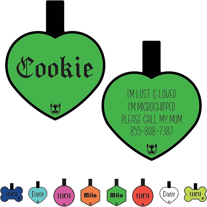 Silicone Silent Cat Tag Personalized with 5 Lines of Custom Deep Engraved Durable Soundless Pet ID Name Tag Heart Small Green