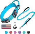 AUBELL Tactical Dog Collar and Leash Set, Reflective Adjustable Heavy Duty Military K9 Collars with Handle and Metal Buckle for Medium Dogs, with Airtag Case and 2 Patches(Blue,M)