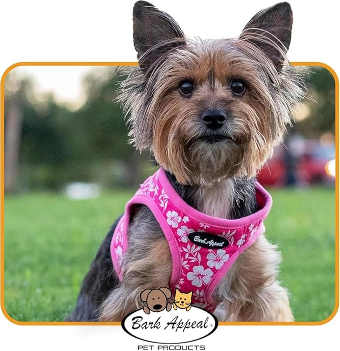 Bark Appeal Red Hibiscus Step-in Dog Harness for Small to Medium Sized Pets – Updated Sizing, Re-Measuring is Essential – Soft Vest Harness – Anti-Choke with Adjustable Strap & Heavy Duty Clip – M