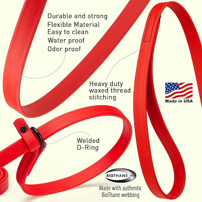 Dogline Biothane Slip Dog Leash - for Small, Medium and Large Dogs - Odor Free Slip Lead, Heavy Duty and Durable Material Kennel Lead - Cherry Red - 5ft L x 3/8in W