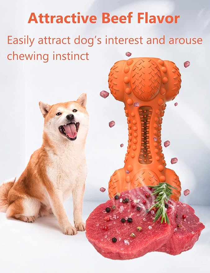 SCHITEC Squeaky Dog Chew Toy, Tough Durable Natural Rubber Bone with Toothbrush, Indestructible for Aggressive Chewers Large Medium Breed Teeth Cleaning