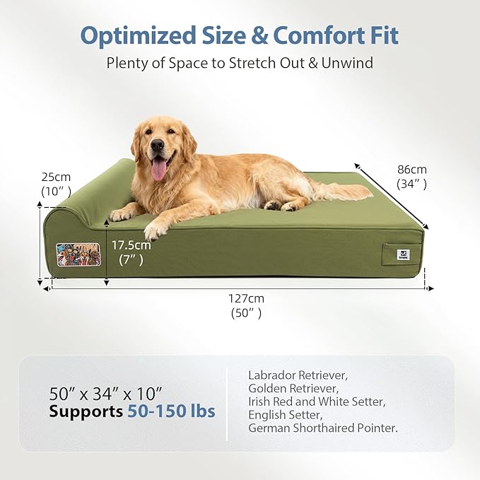Sytopia 7" Thick Orthopedic Dog Beds for Extra Large Dogs, Canvas Dog Bed with Chew Proof Fabric Cover, Ups to 150 Pounds, 35D Memory Foam Dog Beds with Waterproof Liner & Washable Cover, Green