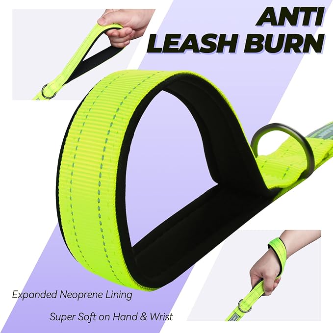 VIVAGLORY Twingrip Dog Leash, Double Handle Dog Leash for Training & Walking with Traffic Handle & 2 Loop, Traffic Control Reflective Heavy Duty for Puppy Pet, 4ft x 1in, Bright Yellow
