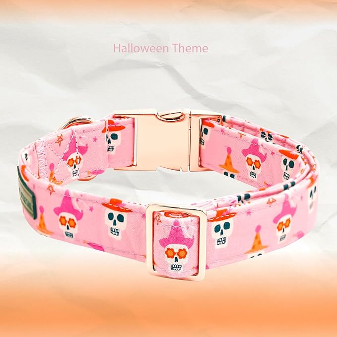 Elegant little tail Halloween Dog Collar, Skull Print Pet Collars with Bow Puppy Collar Bowtie Female or Male Cotton Adjustable Collars for Small Medium Large Dogs