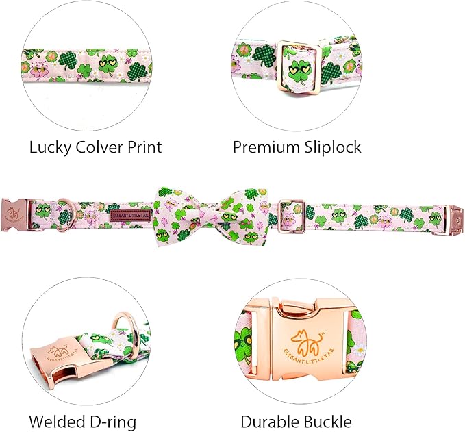 Elegant little tail St Patrick's Dog Collar, Cute Colver Cotton Shamrock Pet Collar Trefoil Soft Puppy Collar Pink Holiday Adjustable Cotton Pet Collar with Bow for Small Medium Large Dogs