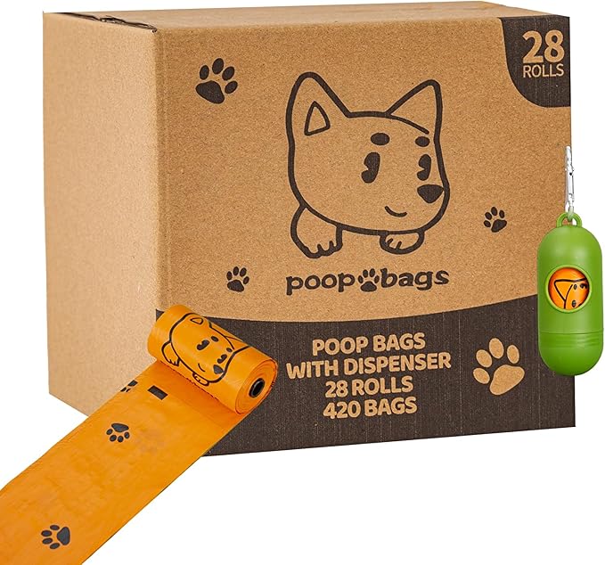 Dog Poop Bags Rolls With Dispenser, Strong and Leak-proof Waste Bags for Pets, Floral Scented, 420 Count (28 Packs of 15), 13 Inch x 9 Inch (Orange)