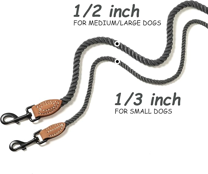 Mile High Life Dog Leash, Braided Cotton Rope Leashes with Leather Tip - Heavy Duty Metal Clasp, 5FT, 1/3" Thick - Wedding, Walking Leash for Small Medium Dogs(Dark Gray)