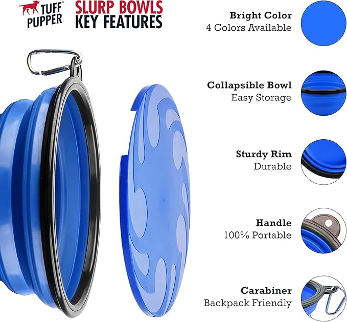 Tuff Pupper SuperBigSlurp Collapsible Dog Bowls | Two Pack Bowls | Extra Large Capacity | Portable, Food Safe, Odorless | Non-Toxic Silicone [Two Pack Blue Bowls 60oz]