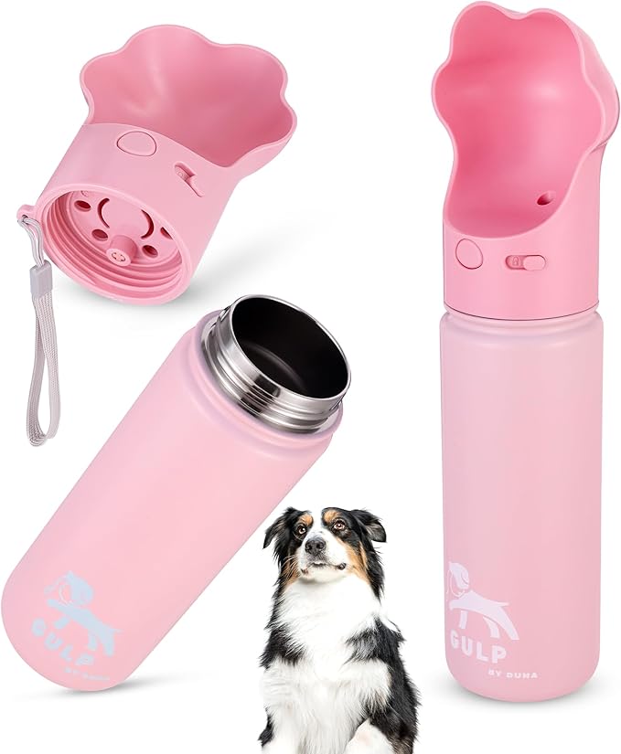 Duna Gulp 18oz Dog Travel Water Bottle with Paw-Shaped Bowl - Insulated Stainless Steel, Leakproof & Portable with Carry Strap for Outdoor Walking, Hiking & Pet Hydration on-The-Go - Pink