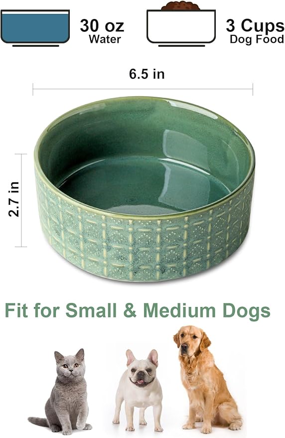 Ceramic Dog Bowl, 6.5 inch Pet Dog Food Bowl Water Bowls, Dogs Dish for Middle and Small Dogs, Puppy, Green