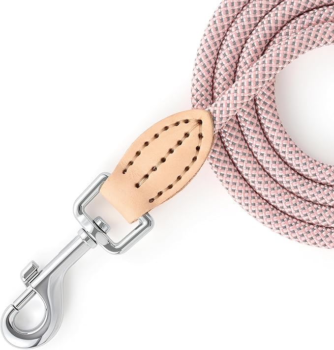 Mile High Life Small Dog Leash, Thin Lightweight Reflective Rope Leash with Genuine Leather Connection, Great for Small Medium Dogs (Pink, 48 Inch-1/3)