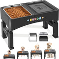 Decflow 2-in-1 Elevated Dog Bowls, 4 Height Adjustable Raised Dog Bowls with Stainless Steel & No Spill Water Bowl, DIY Stickers Foldable Pet Bowl for Medium Large Dogs(Not Included Slow Food Bowl)