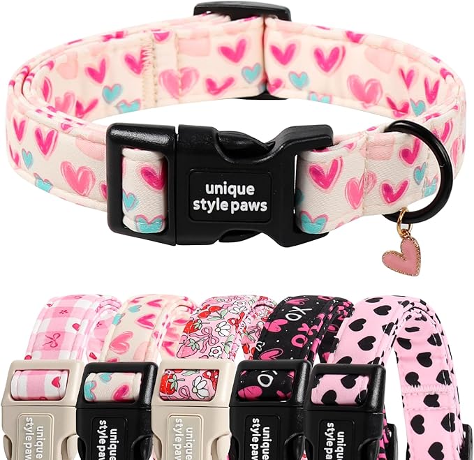 Unique Style Paws Valentine Dog Collar Plastic Buckle with Pendant Beige Colorful Heart Cotton Puppy Collars for Small Medium Large Dogs