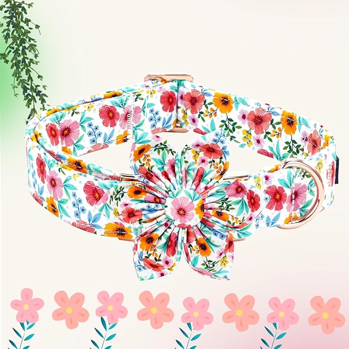 Elegant little tail Dog Collar- Cute Floral Dog Collar with Flower for Medium Dogs, Female Adjustable Cotton Summer Pet Flower Puppy Collars for Small Medium Large Dogs