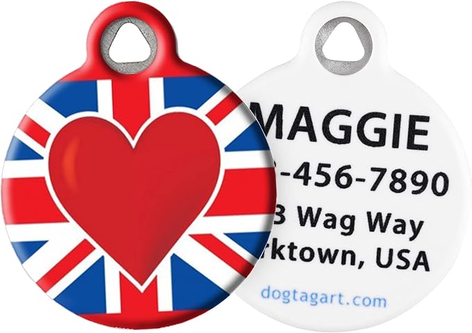 Dog Tag Art Personalized European Flags Pet ID Tags for Dogs and Cats, Britain Heart, Large