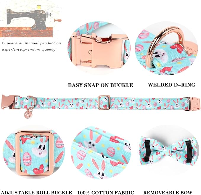 DOGWONG Cotton Easter Dog Collar with Bowtie, Soft Adjustable Blue Bunny Easter Day Dog Collar Cute Colorful Egg Puppy Collar for Small Medium Large Dog