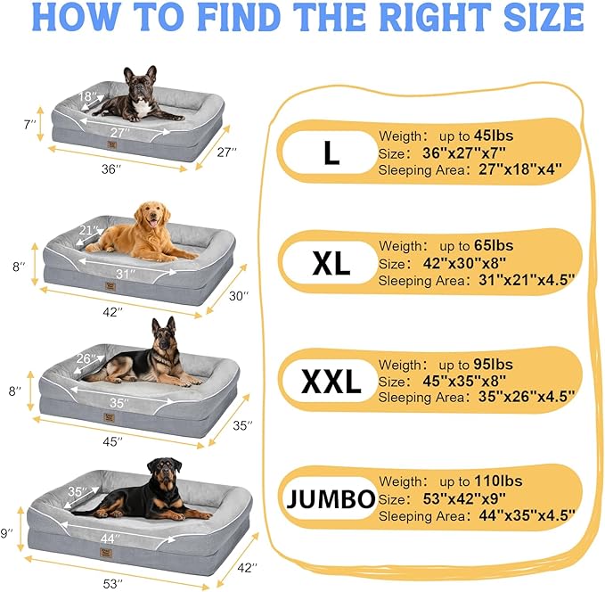 Washable Orthopedic Large Dog Bed - Removable Waterproof Cover with Bolster Extra Large Dog Bed Foam Support XL Large Big Pet Dogs Beds
