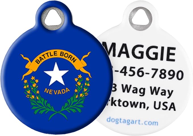 Dog Tag Art Nevadan Flag Personalized Pet ID Tag for Dogs and Cats, Silent Polymer Coated Flag of Nevada Nametag with Customized Identification Information - Small .875" Diameter