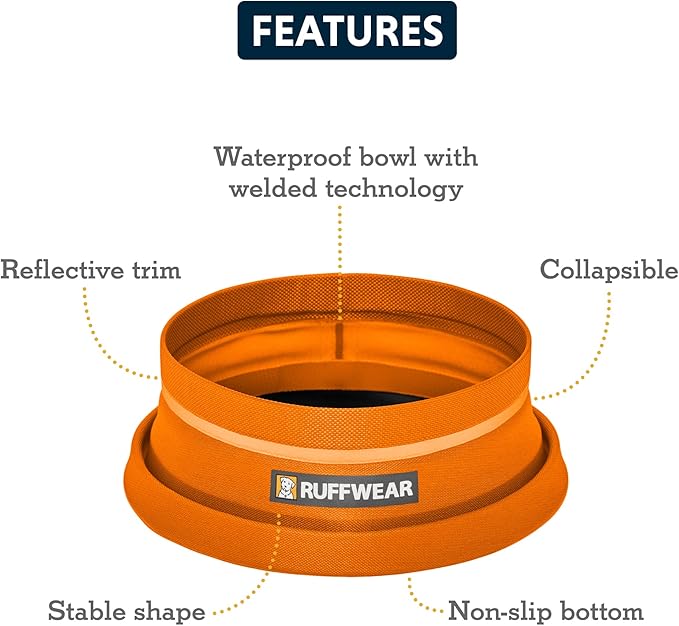 Ruffwear, Bivy Collapsible Dog Bowl, Waterproof Welded Single-Wall Fabric, Ultralight Portable Fold-Flat, Non-Slip Bottom, Accessory Loop, Reflective Trim, 60 fl oz (1.8 L), Salamander Orange, Medium