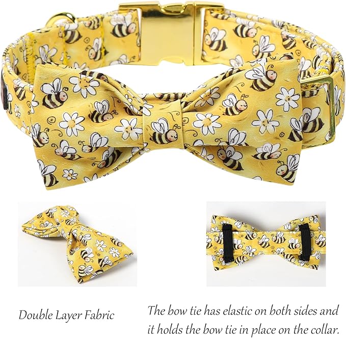 Lionet Paws Spring Dog Collar with Bow tie,Cute Summer Bees Yellow Dog Collar Bow Tie for Dogs Female, Medium, Neck 13.5-22 inches