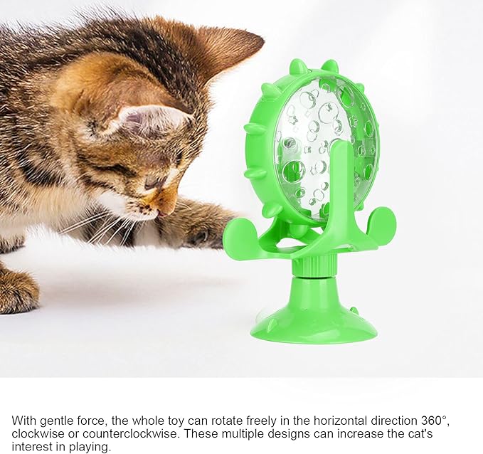 GLOGLOW Cat Food Leakage Toy, Windmill Treat Dispensing Cat Puzzle Food Interactive Toy Kitten Slow Feeder Snacks Distribution with Powerful Suction Cup(Green)