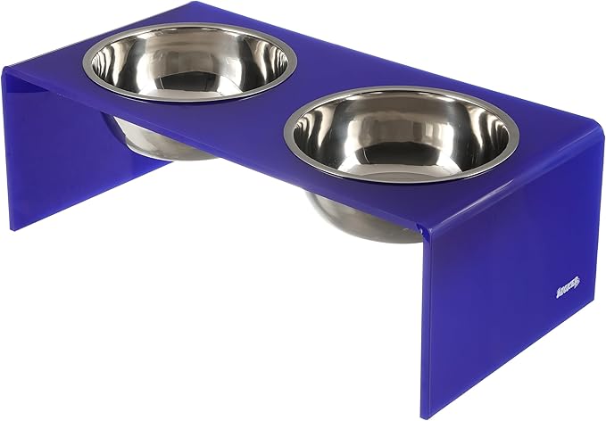 The LICKER Store DBL2001F Keaton 7.5" Medium/Large Modern Acrylic Rectangular Elevated Pet Feeder with 54oz 2-Stainless Steel Bowls, Purple/Chrome