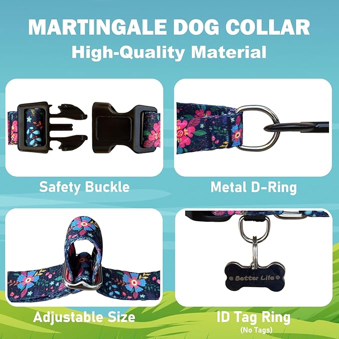 Martingale Collar for Dogs Floral Dog Collars for Small Medium Large Dogs with Buckle Adjustable Soft Nylon Dog Collar (Blue Pink Flower, XSmall)