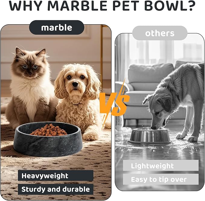 Black Marble Dog Bowl, Non-Slip Non-Tipping Heavy Dog Food Bowl, Large Weighted Stone Dish, Natural Marble Pet Water Bowl, Easy to Clean, Present for Cat & Dog Lovers, Holds 6 Cups(6 lbs)