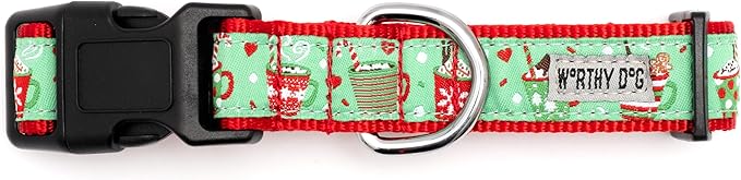 THE WORTHY DOG Collar for Large Dogs, Adjusts 15-21 inches, Durable Nylon Webbing, Quick Release Buckle, Holiday Lattes Pattern, Green, Large