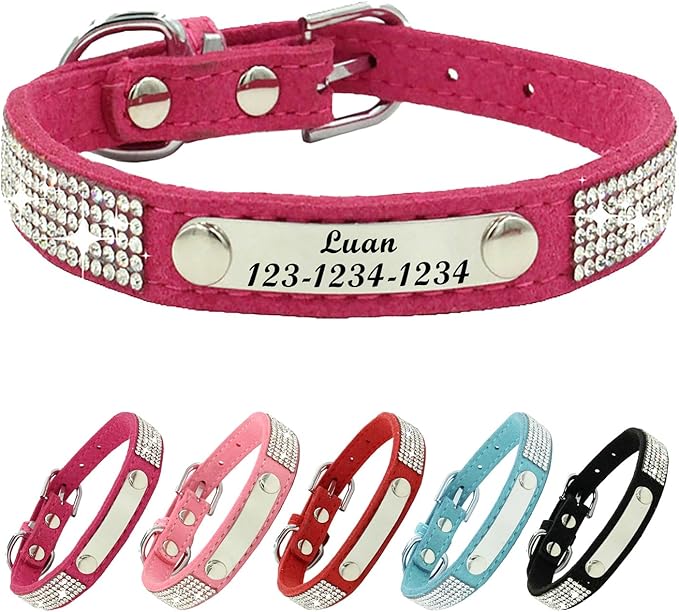 Personalized Dog Collar with Rhinestone Name Tag - Glitter Polyester Collar Adjustable [Rose Red，M]