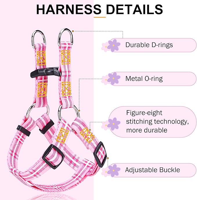 BEAUTYZOO No Pull Dog Harness and Leash Set - Adjustable Step-in Puppy Harness for Small Medium Large Dogs, Escape Proof Soft Nylon Vest with Double D Ring for Walking Running Training, Pink Plaid XS