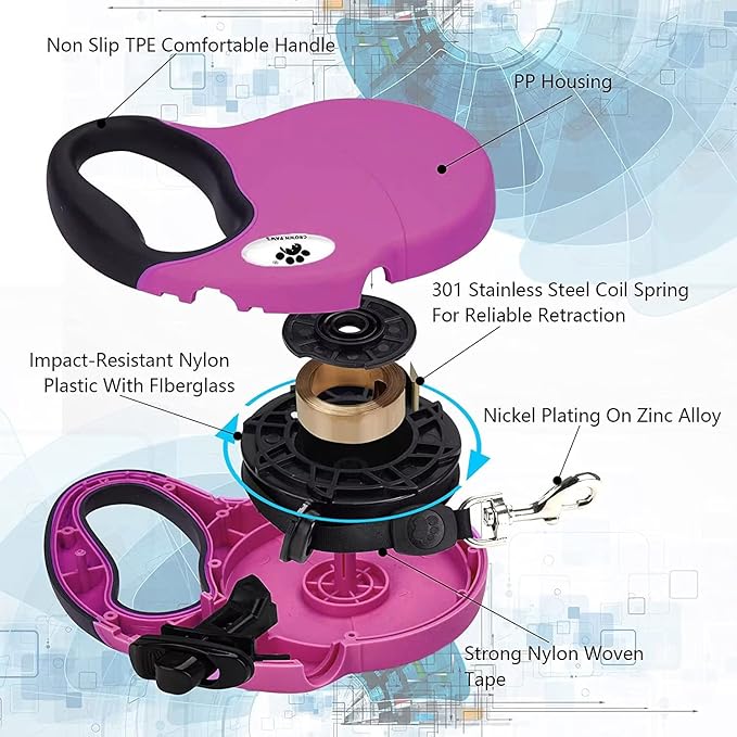 16ft Retractable Dog Leash for Medium Breed Dogs up to 44 lbs with a Detachable Chew Proof Extender Wire Ropes (Pink M)