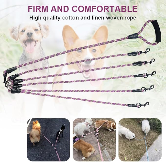Dual Dog Leash 360° Tangle-Free - Reflective Heavy Duty, Comfortable Handle for Small/Medium/Large Dogs, Support Multiple Rope Addition (Purple 1, Five Leashes)