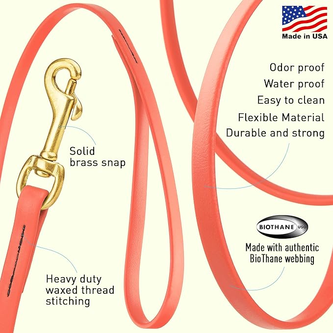 Viper Biothane K9 Working Dog Leash Waterproof Lead for Tracking Training Schutzhund Odor-Proof Long Line with Solid Brass Snap for Puppy Medium and Large Dogs, 15ft Coral