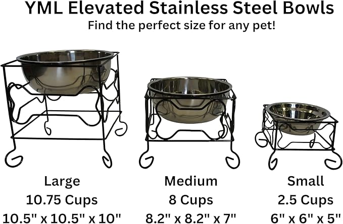 YML Elevated Stainless Steel Dog & Cat Bowl with Black Wrought Iron Stand, 10-Inch (10.75 Cups)
