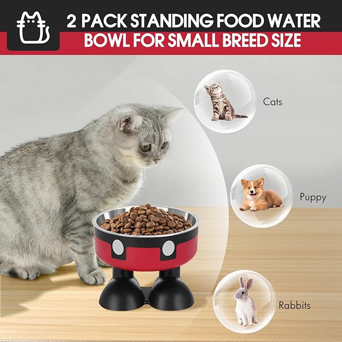 Elevated Cat Food Water Bowls,2 Pack Raised Cat Dog Bowls with Stand,Stainless Steel Cute Cat Dishes for Cats Dogs Kitten Puppies Small Pets Feeding Non-Slip Base