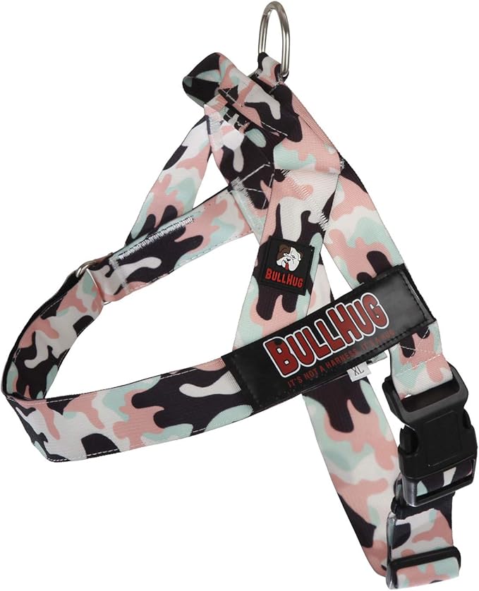 BULLHUG Adjustable Dog Harness– No Pull, No Choke – for English Bulldogs, French Bulldogs, Pugs & Broad-Chested Breeds – Easy, Safe Walks (Pink & Mint Camouflage, Medium)