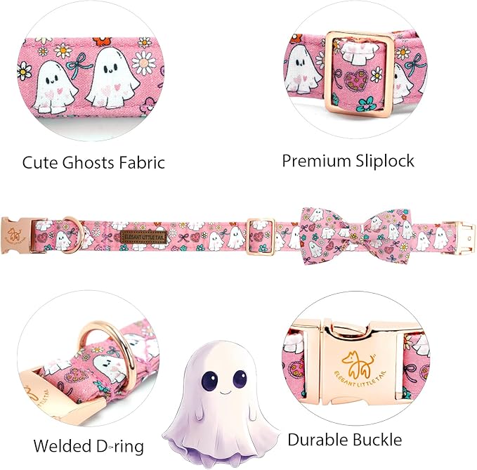 Elegant little tail Halloween Dog Collar, Pink Ghosts Print Dog Collar with Bow Puppy Collar Bowtie Flower Female Cotton Adjustable Collars for Small Medium Large Dogs